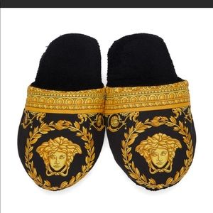 Versace Medusa black baroque slippers.